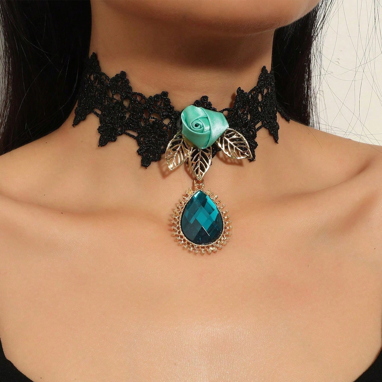 fashion women's large collar necklace fashionable water drop shape pendant choker with flower